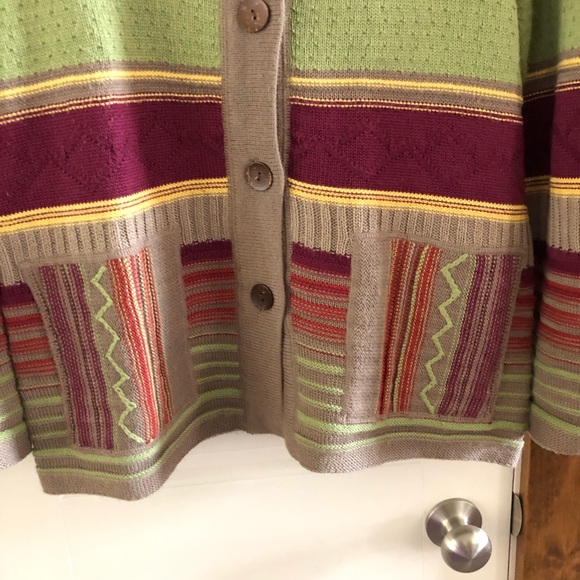 Gorgeous C&B Cardigan-Sz Lg-Tan/Lime/Yellow/Orange - Picture 4 of 13